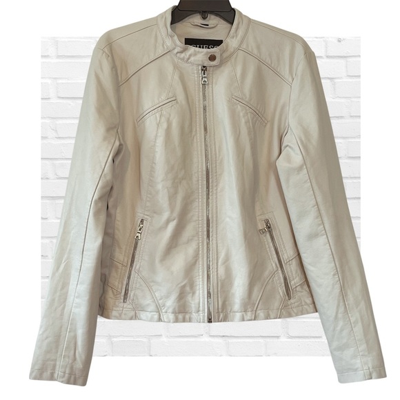 Guess Cream Faux Leather Jacket Moto Feminine Size XL Lightweight Neutral Y2K - Picture 1 of 16